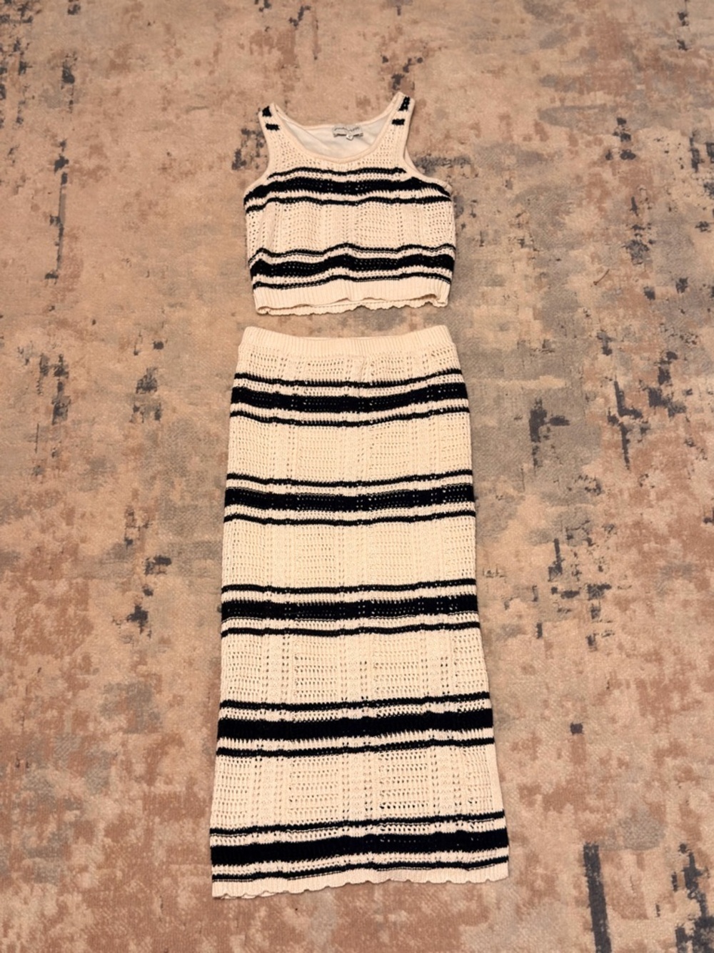 Cream and Black Striped Crochet Midi Skirt Set